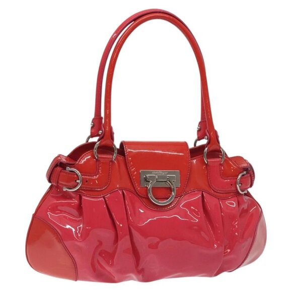 Salvatore Ferragamo Gancini Marissa Hand Bag Enamel Red Silver Auth 130621 - Picture 1 of 14